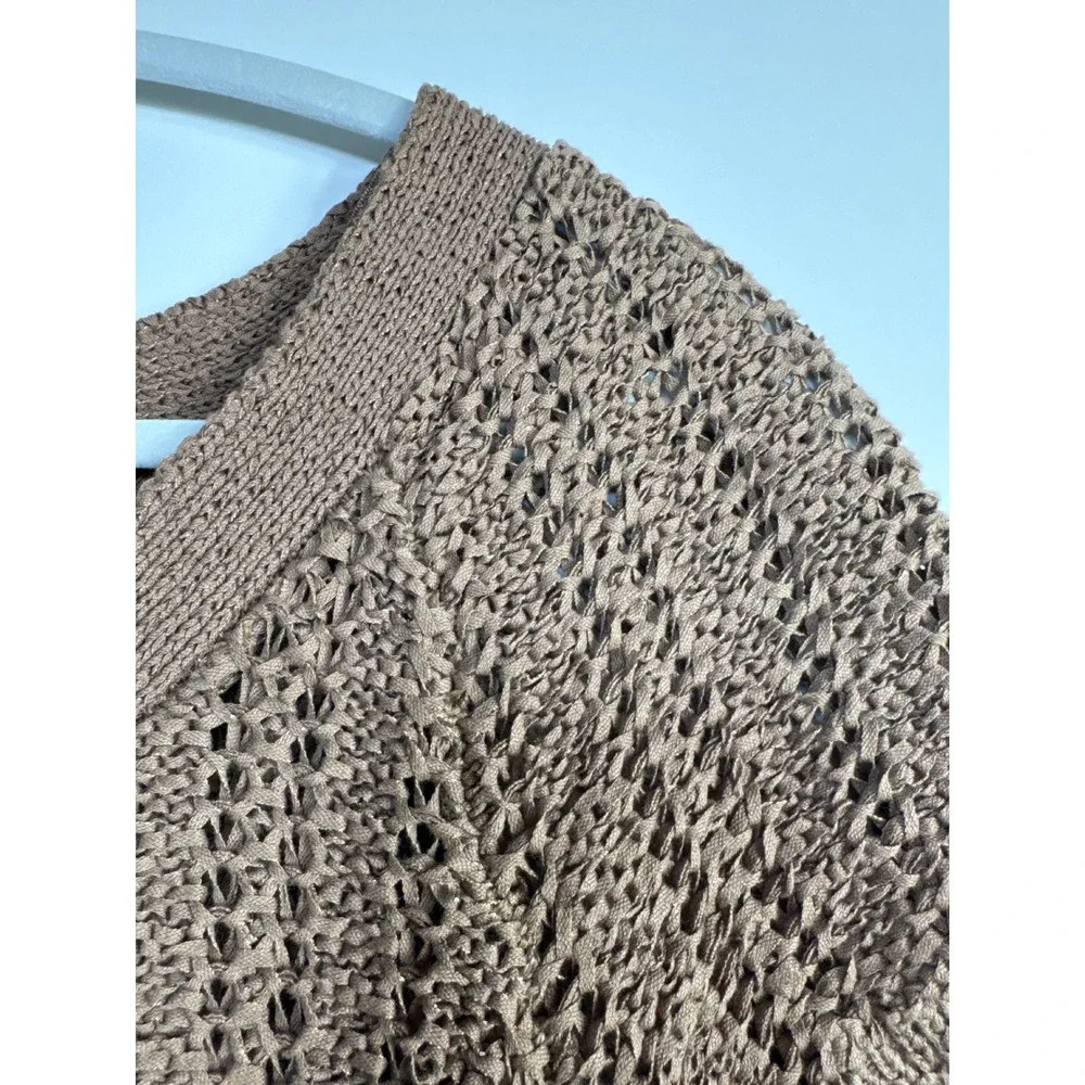 Tweeds Brown Crochet Knit Button Front Short Sleeve Top Women Size L - Picture 5 of 6